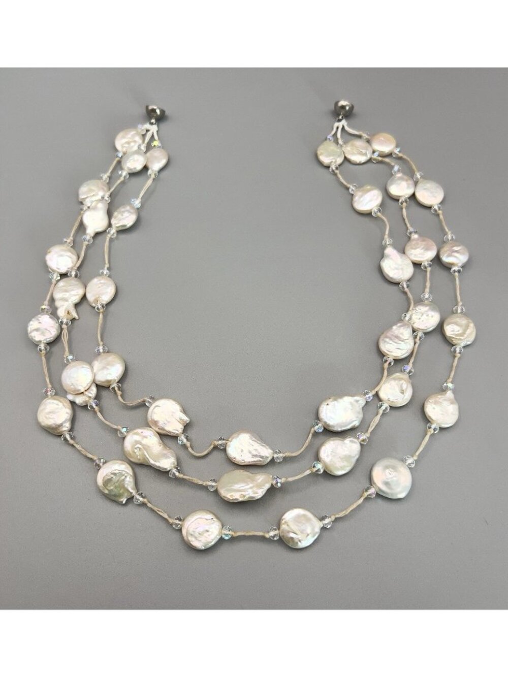 Vintage 3 Strand Freshwater Coin Pearl Necklace Clear Spacer Magnetic Clasp